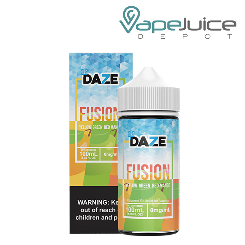A box of ICED Yellow Green Red Mango 7 Daze Fusion with a warning sign and a 100ml bottle next to it - Vape Juice Depot