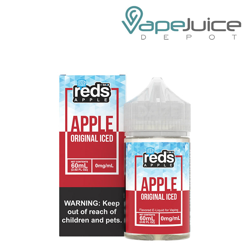 A box of ICED Apple REDS Apple eJuice with a warning sign and a 60ml bottle next to it - Vape Juice Depot