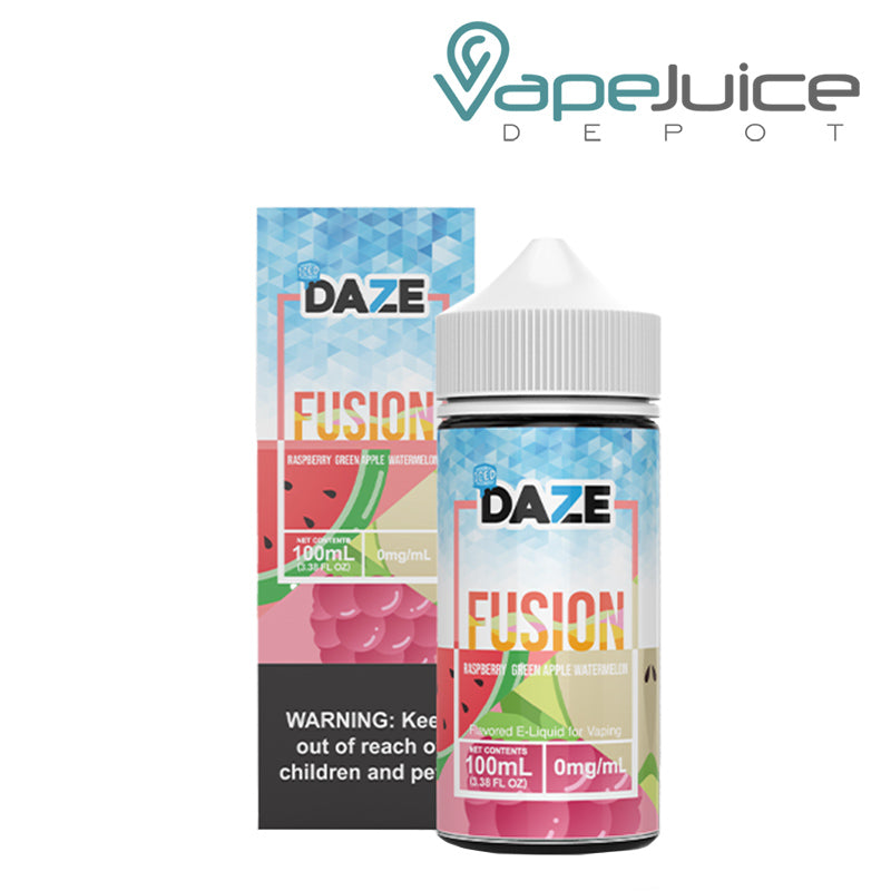 A Box of ICED Raspberry Green Apple Watermelon 7 Daze Fusion with a warning sign and a 100ml bottle next to it - Vape Juice Depot