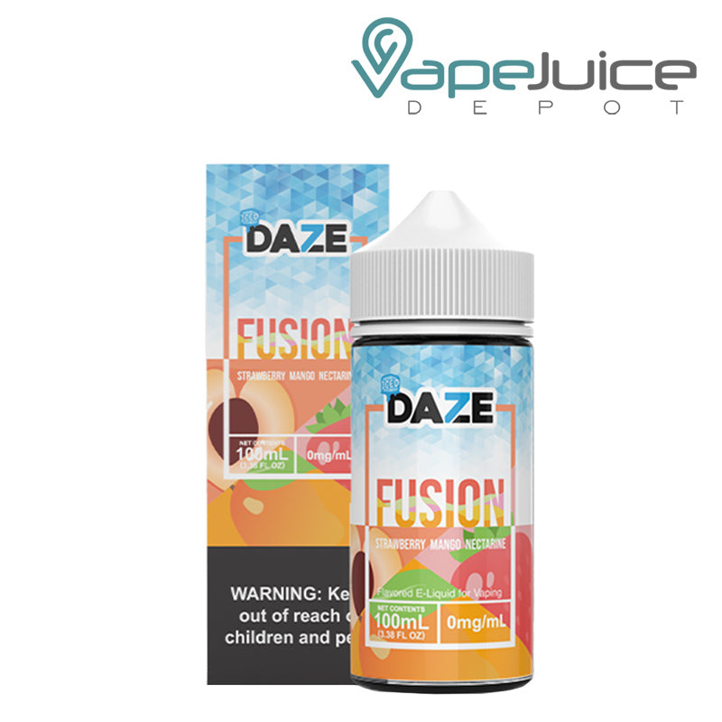 A box of ICED Strawberry Mango Nectarine 7 Daze Fusion with a warning sign and a 100ml bottle next to it - Vape Juice Depot