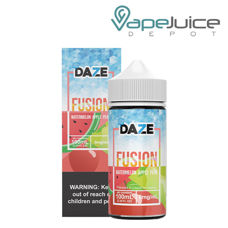 A box of ICED Watermelon Apple Pear 7 Daze Fusion eLiquid with a warning sign and a 100ml bottle next to it - Vape Juice Depot