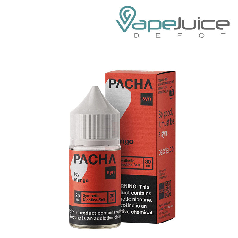 A 30ml bottle of Icy Mango PachaMama Salts and a box with a warning sign next to it - Vape Juice Depot