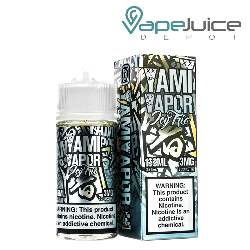 A 100ml bottle of Icy Trio Yami Vapor and a box with a warning sign next to it - Vape Juice Depot