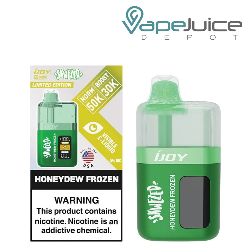 A Box of Honeydew Frozen iJoy XP50000 SKWEZED Edition Disposable with a warning sign and a device next to it - Vape Juice Depot