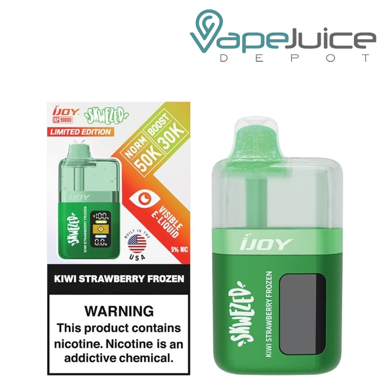 A Box of Kiwi Strawberry frozen iJoy XP50000 SKWEZED Edition Disposable with a warning sign and a device next to it - Vape Juice Depot