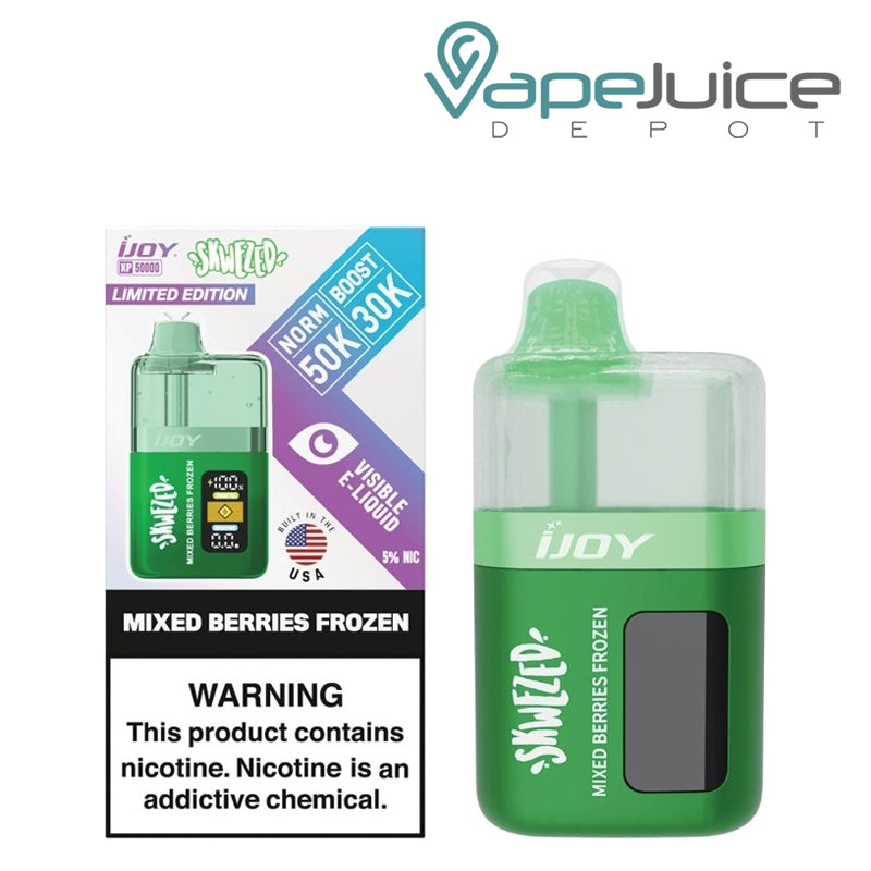 A Box of Mixed Berries Frozen iJoy XP50000 SKWEZED Edition Disposable with a warning sign and a device next to it - Vape Juice Depot