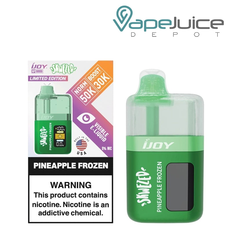 A Box of Pineapple Frozen iJoy XP50000 SKWEZED Edition Disposable with a warning sign and a device next to it - Vape Juice Depot