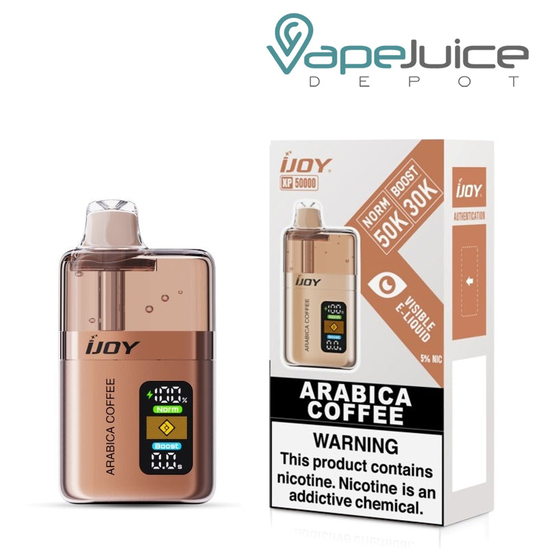 A Box of Arabica Coffee iJoy XP50000 Disposable and a box with a warning sign next to it - Vape Juice Depot