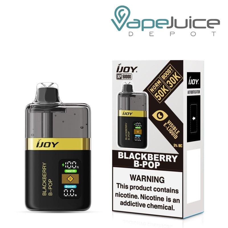 A Box of Blackberry B-Pop iJoy XP50000 Disposable and a box with a warning sign next to it - Vape Juice Depot
