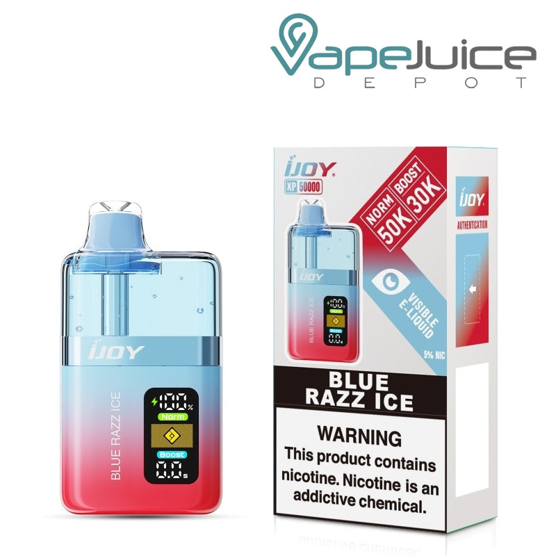 A Box of Blue Razz Ice iJoy XP50000 Disposable and a box with a warning sign next to it - Vape Juice Depot