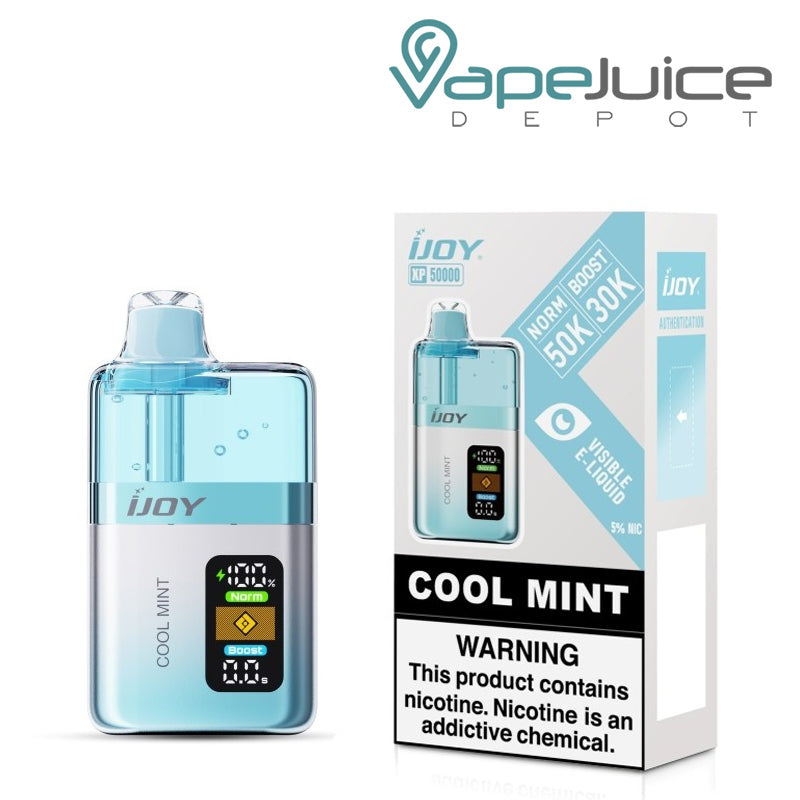 A Box of Cool Mint iJoy XP50000 Disposable and a box with a warning sign next to it - Vape Juice Depot