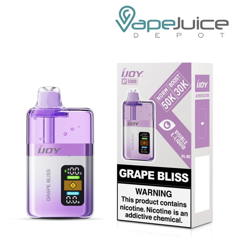 A Box of Grape Bliss iJoy XP50000 Disposable and a box with a warning sign next to it - Vape Juice Depot