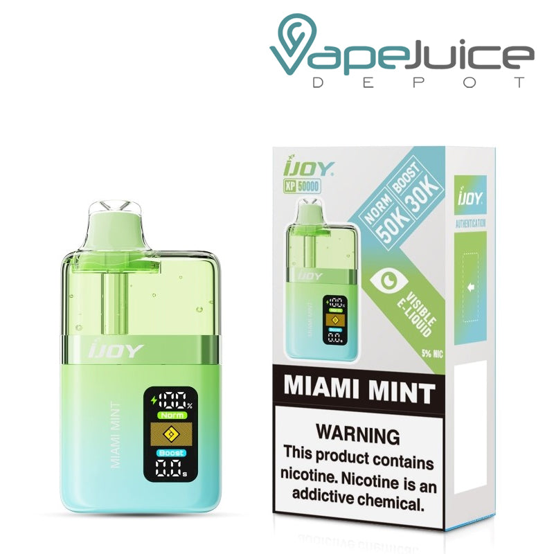 A Box of Miami Mint iJoy XP50000 Disposable and a box with a warning sign next to it - Vape Juice Depot