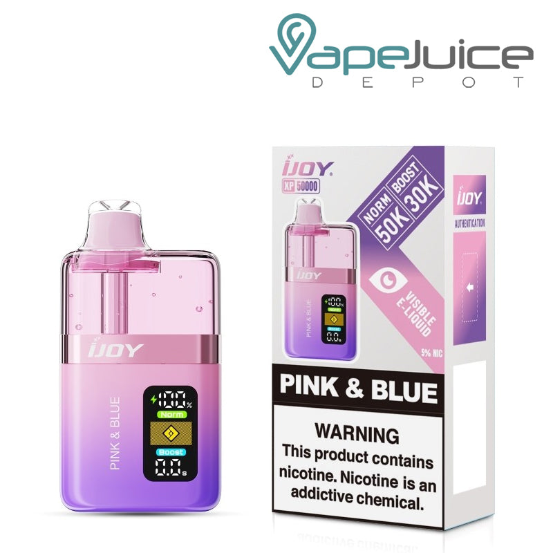 A Box of Pink & Blue iJoy XP50000 Disposable and a box with a warning sign next to it - Vape Juice Depot