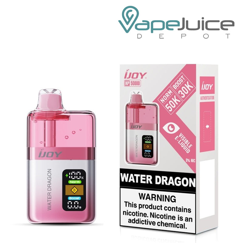 A Box of Water Dragon iJoy XP50000 Disposable and a box with a warning sign next to it - Vape Juice Depot