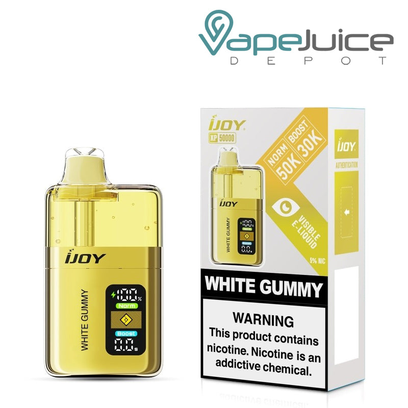 A Box of White Gummy iJoy XP50000 Disposable and a box with a warning sign next to it - Vape Juice Depot