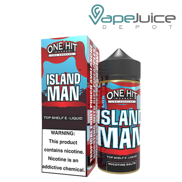 A box of Island Man One Hit Wonder with a warning sign and a 100ml bottle next to it - Vape Juice Depot