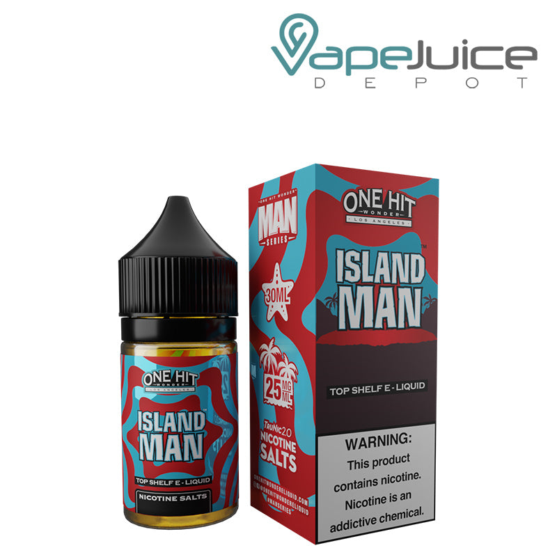 A 30ml bottle of Island Man Nicotine Salt eLiquid One Hit Wonder and a box with a warning sign next to it - Vape Juice Depot
