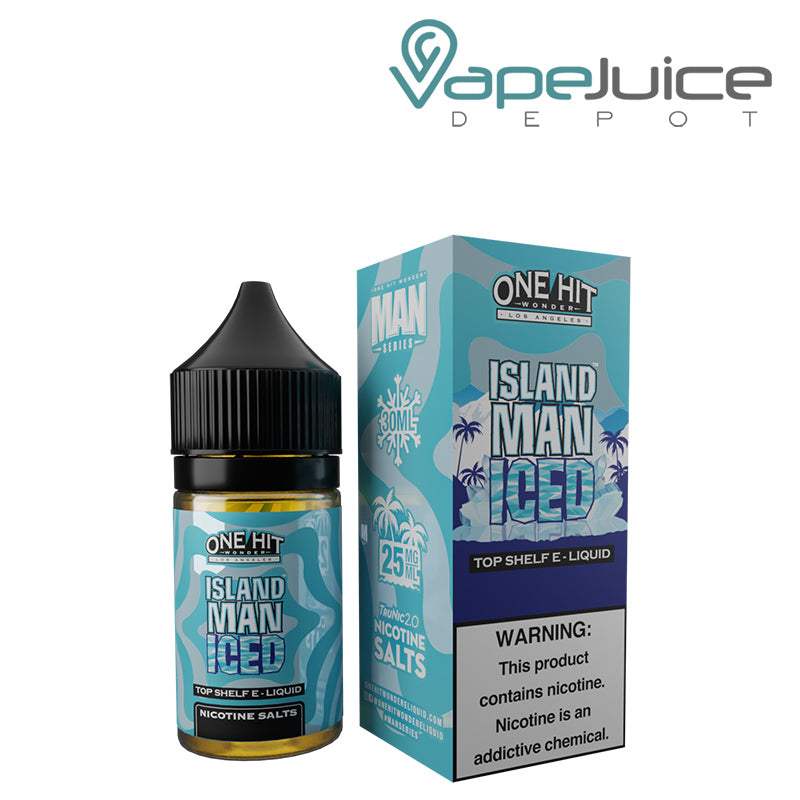 A 30ml bottle of Island Man Iced Nicotine Salt eLiquids One Hit Wonder and a box with a warning sign next to it - Vape Juice Depot