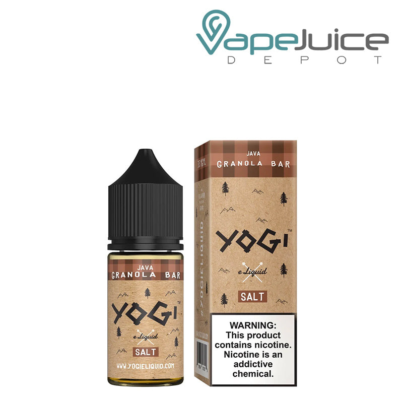 A 30ml bottle of Java Granola Bar YOGI Salt and a box with a warning sign next to it - Vape Juice Depot