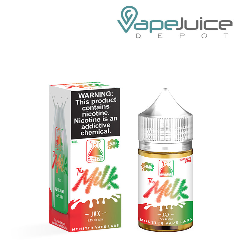 A box of Jax The Milk TFN Salt with a warning sign and a 30ml bottle next to it - Vape Juice Depot