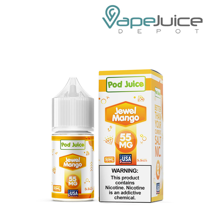 A 30ml bottle of Jewel Mango Pod Juice TFN Salt and a box with a warning sign next to it - Vape Juice Depot