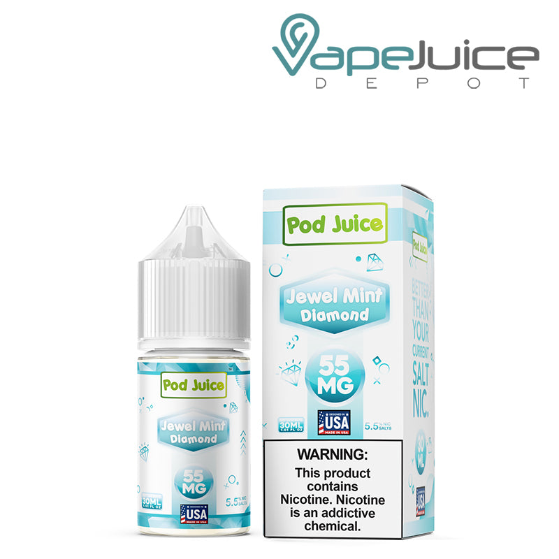 A 30ml bottle of Jewel Mint Diamond Pod Juice TFN Salt and a box with a warning sign next to it - Vape Juice Depot