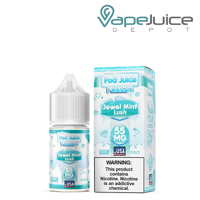 A 30ml bottle of Jewel Mint Lush Freeze Pod Juice TFN Salt and a box with a warning sign next to it - Vape Juice Depot