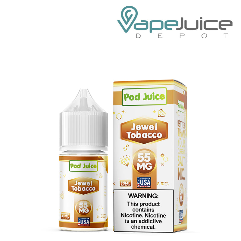 A 30ml bottle of Jewel Tobacco Pod Juice TFN Salt and a box with a warning sign next to it - Vape Juice Depot