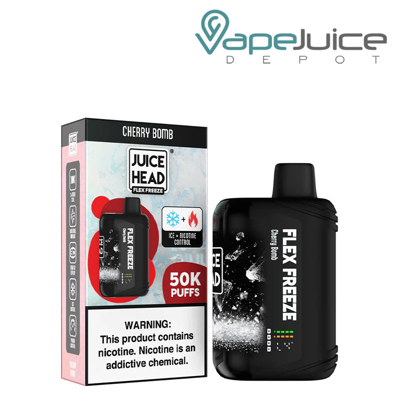 A Box of Cherry Bomb Juice Head Flex Freeze 50K Disposable with a warning sign and a disposable with 3D Screen next to it - Vape Juice Depot