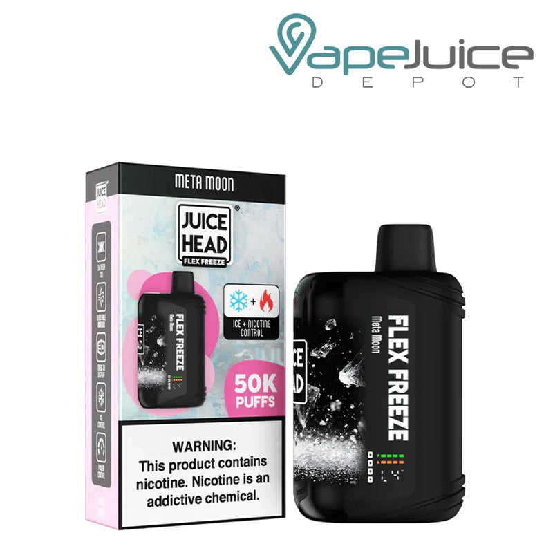 A Box of Meta Moon Juice Head Flex Freeze 50K Disposable with a warning sign and a disposable with 3D Screen next to it - Vape Juice Depot