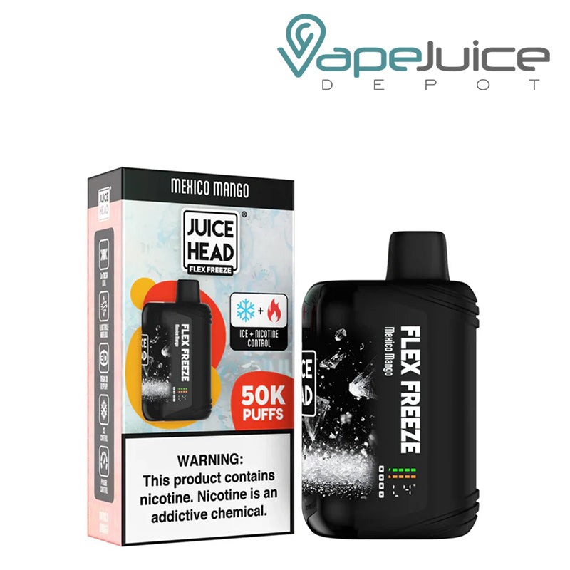 A Box of Mexico Mango Juice Head Flex Freeze 50K Disposable with a warning sign and a disposable with 3D Screen next to it - Vape Juice Depot