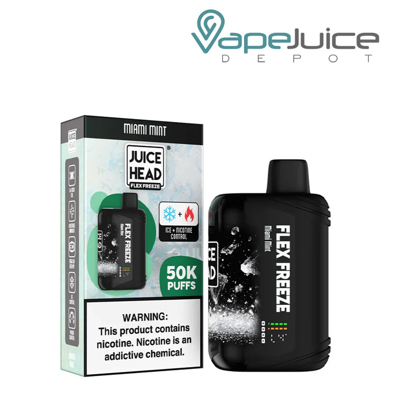 A Box of Miami Mint Juice Head Flex Freeze 50K Disposable with a warning sign and a disposable with 3D Screen next to it - Vape Juice Depot