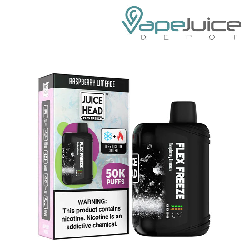 A Box of Raspberry Limeade Juice Head Flex Freeze 50K Disposable with a warning sign and a disposable with 3D Screen next to it - Vape Juice Depot