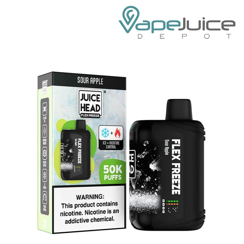 A Box of Sour Apple Juice Head Flex Freeze 50K Disposable with a warning sign and a disposable with 3D Screen next to it - Vape Juice Depot