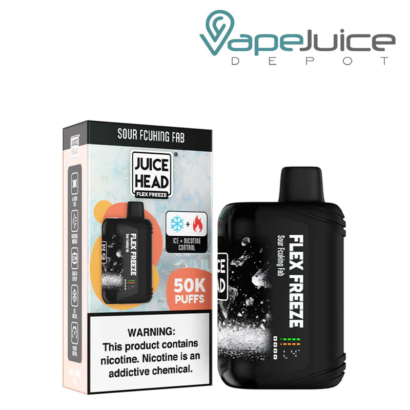 A Box of Sour Fcuking Fab Juice Head Flex Freeze 50K Disposable with a warning sign and a disposable with 3D Screen next to it - Vape Juice Depot