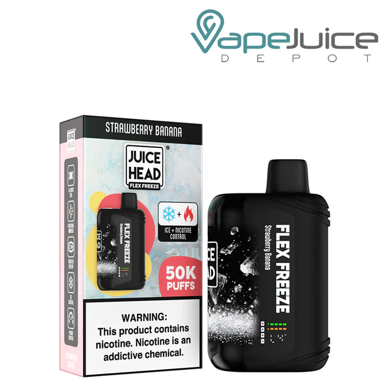 A Box of Strawberry Banana Juice Head Flex Freeze 50K Disposable with a warning sign and a disposable with 3D Screen next to it - Vape Juice Depot