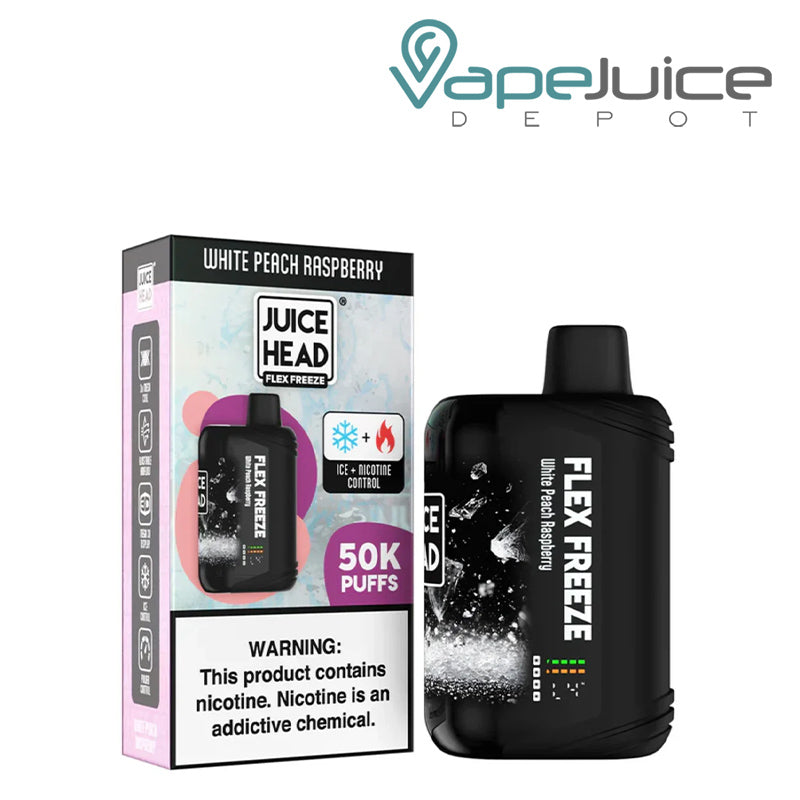 A Box of White Peach Raspberry Juice Head Flex Freeze 50K Disposable with a warning sign and a disposable with 3D Screen next to it - Vape Juice Depot
