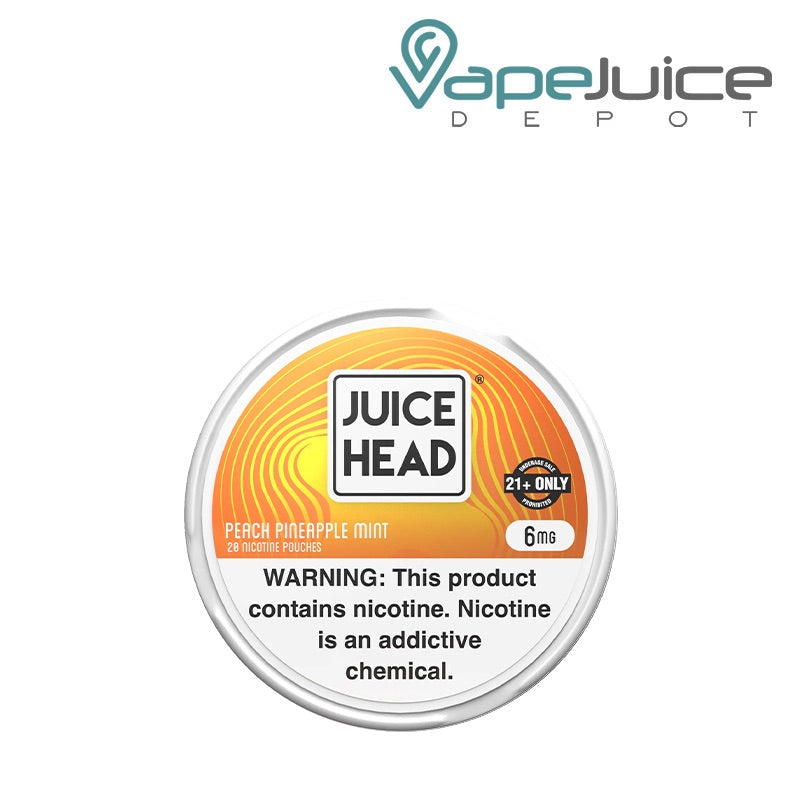 Single can of 6mg Juice Head Pouches Peach Pineapple Mint with a warning sign - Vape Juice Depot