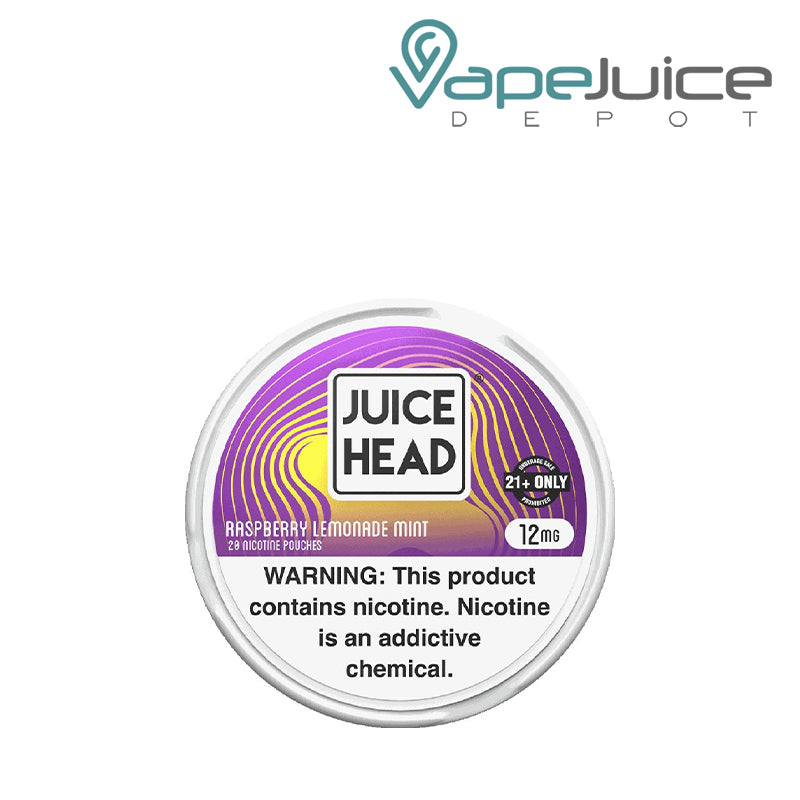 Single can of 12mg Juice Head Pouches Raspberry Lemonade Mint with a warning sign - Vape Juice Depot
