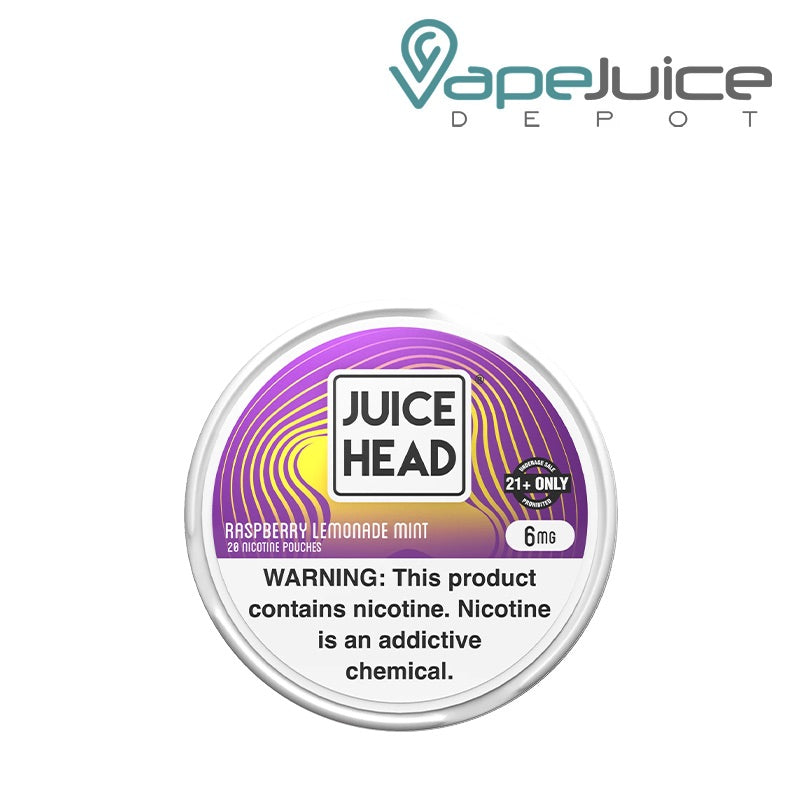 Single can of 6mg Juice Head Pouches Raspberry Lemonade Mint with a warning sign - Vape Juice Depot