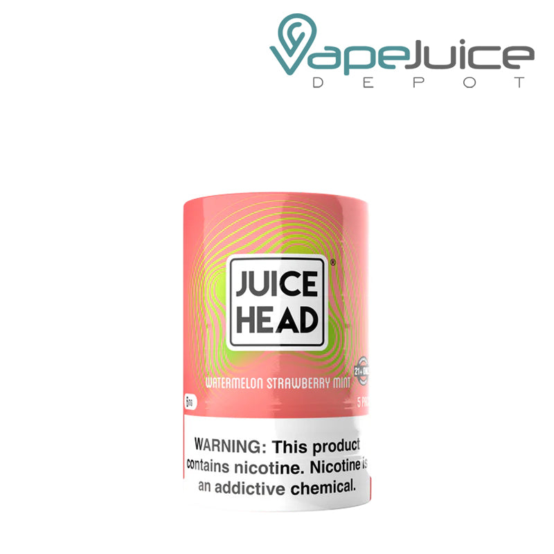 5 pack of 6mg Juice Head Pouches Watermelon Strawberry Mint with a warning sign - Vape Juice Depot