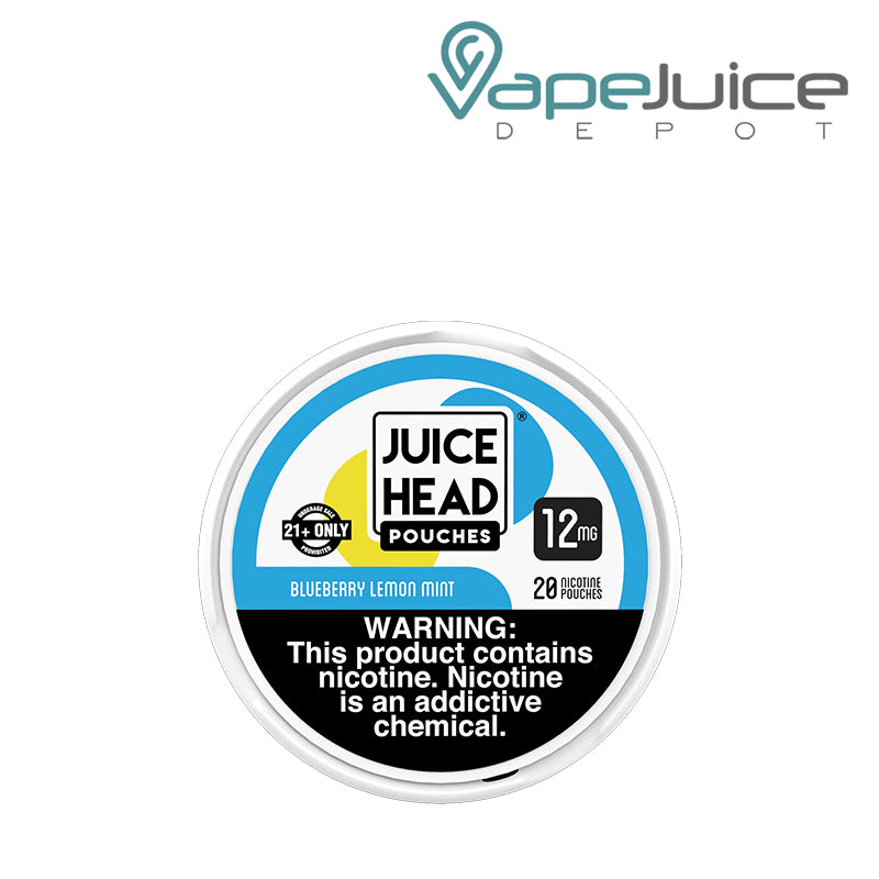 A Juice Head Pouches Blueberry Lemon Mint 12mg with a warning sign - Vape Juice Depot
