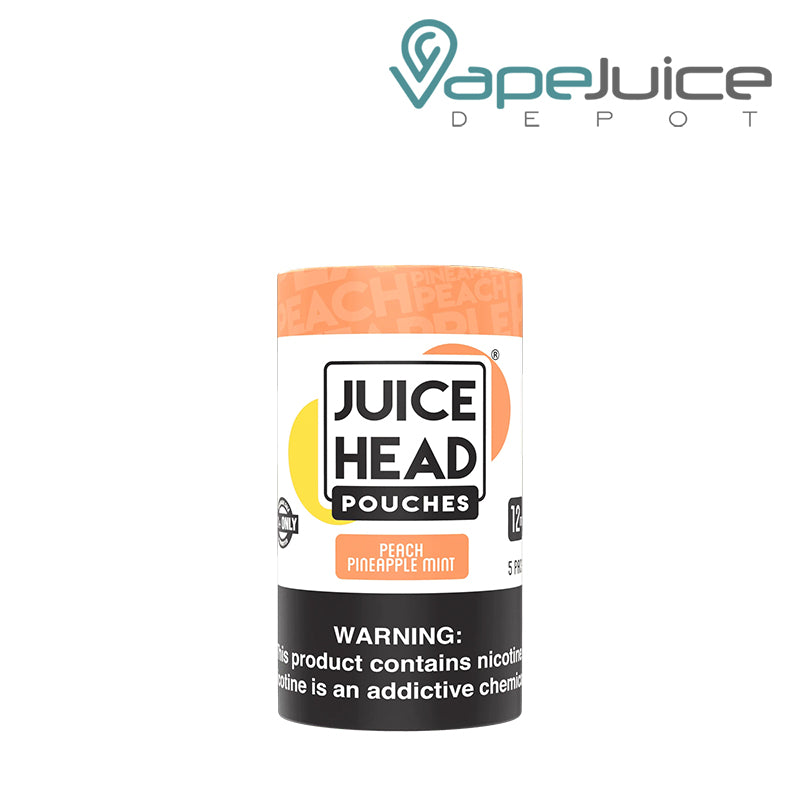 Pack of Juice Head Pouches Peach Pineapple Mint 12mg with a warning sign - Vape Juice Depot