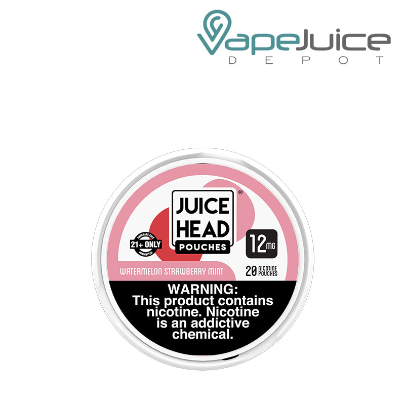 A Juice Head Pouches Watermelon Strawberry Mint 12mg with a warning sign - Vape Juice Depot