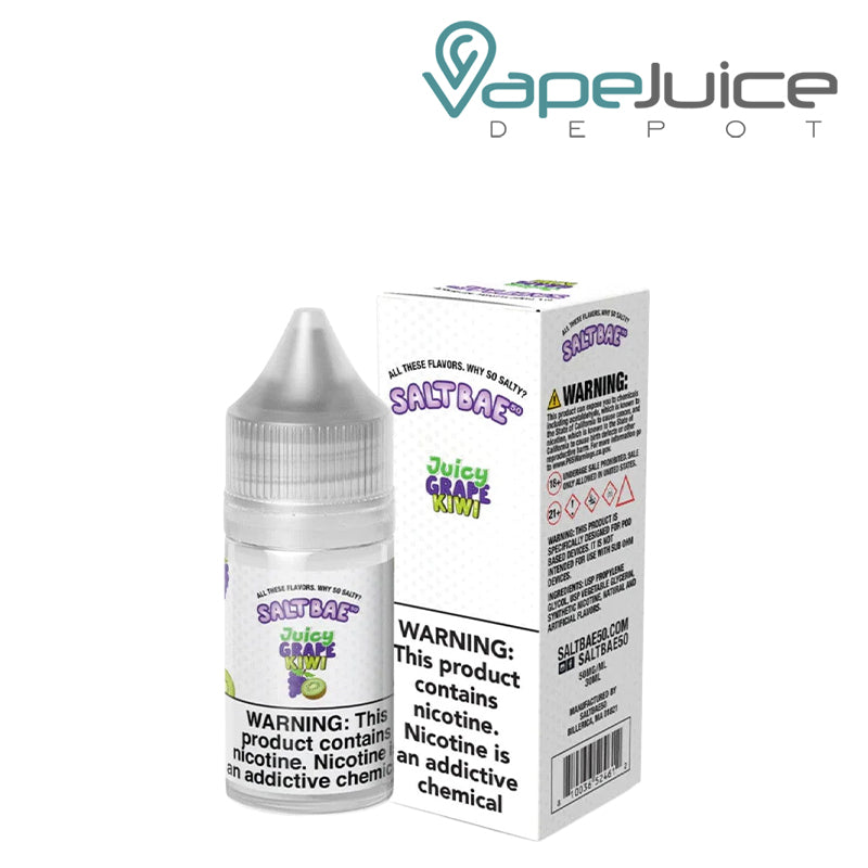 A 30ml bottle of Juicy Grape Kiwi SaltBae50 Salt and a box with a warning sign next to it - Vape Juice Depot