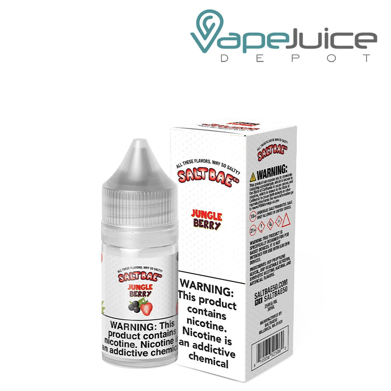 A 30ml bottle of Jungle Berry SaltBae50 Salt and a box with a warning sign next to it - Vape Juice Depot
