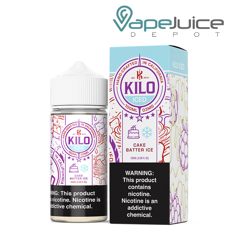 A 100ml bottle of Cake Batter Ice Kilo eLiquid and a box with a warning sign next to it - Vape Juice Depot