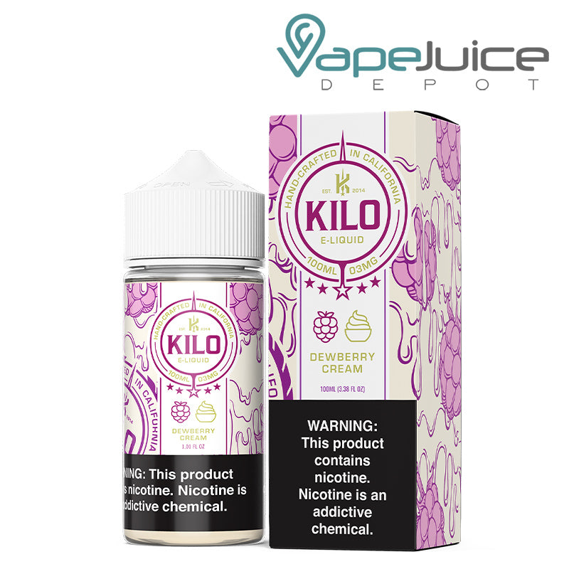 A 100ml bottle of Dewberry Cream Kilo eLiquid and a box with a warning sign next to it - Vape Juice Depot