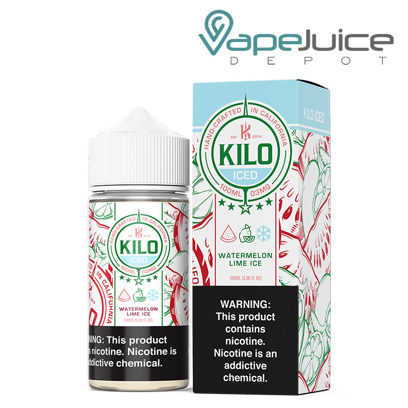 A 100ml bottle of Watermelon Lime Ice Kilo eLiquid and a box with a warning sign next to it - Vape Juice Depot